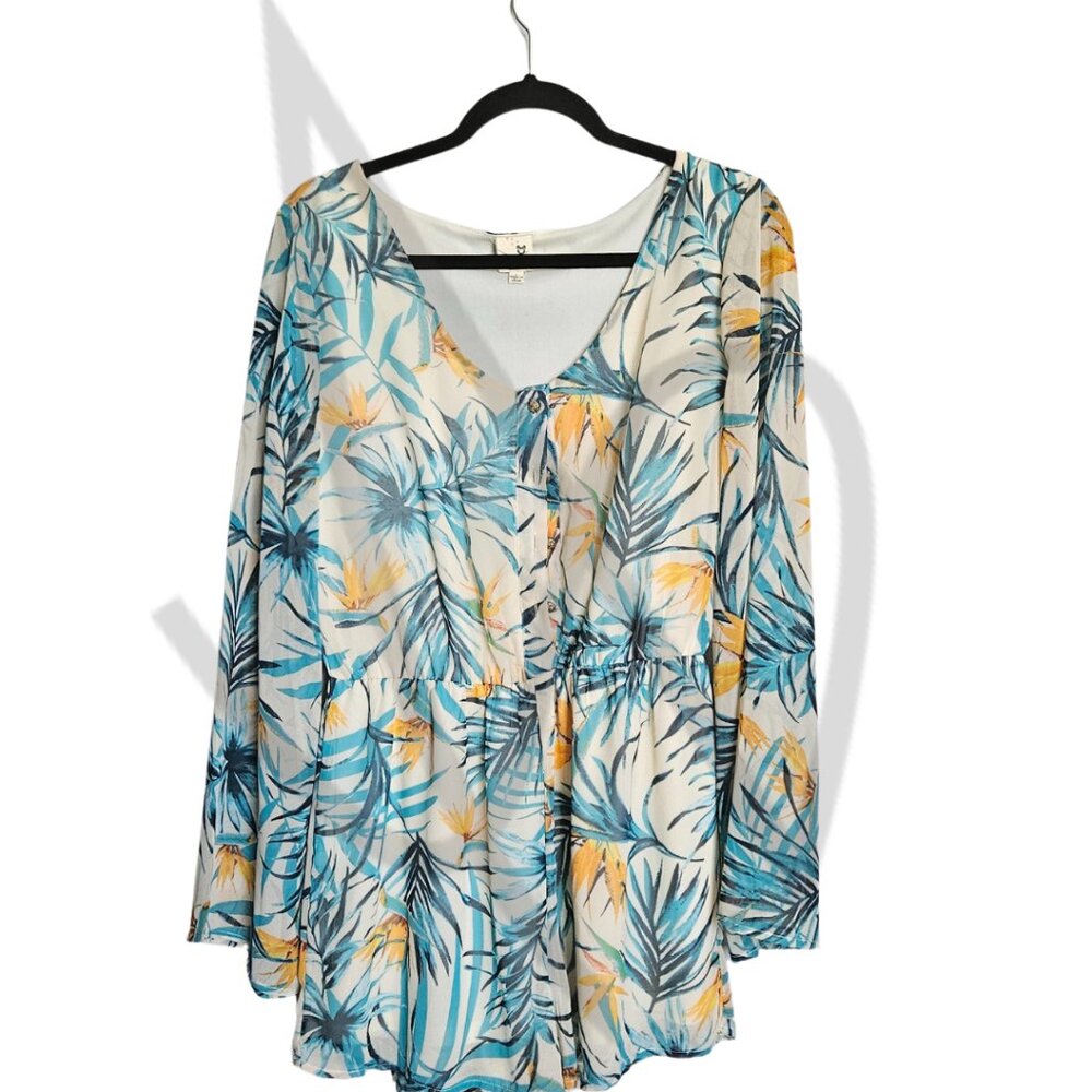 Tropical Print Long Sleeve Romper-Palm & Bird of Paradise Pattern L